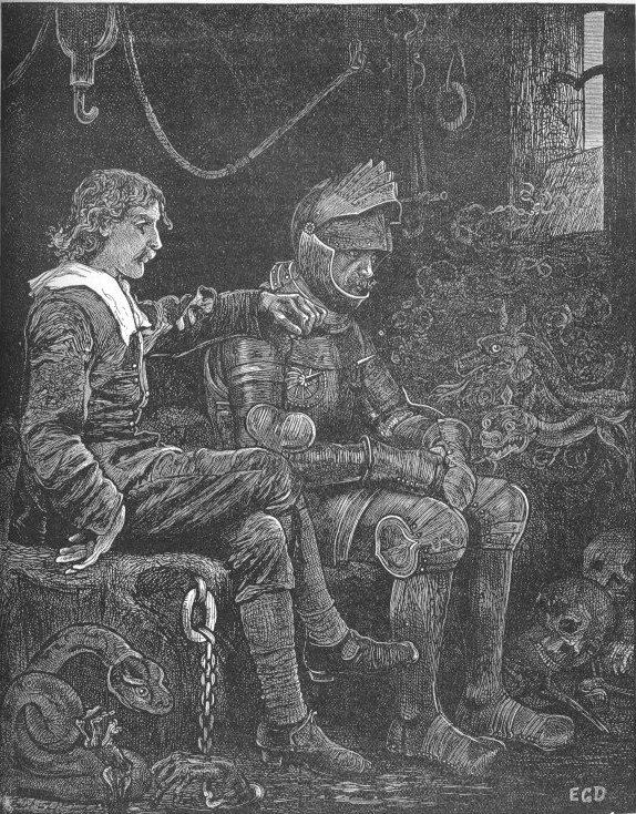 Christian and Hopeful sitting together in the dungeon of Doubting Castle, Hopeful’s hand on Christian’s shoulder.